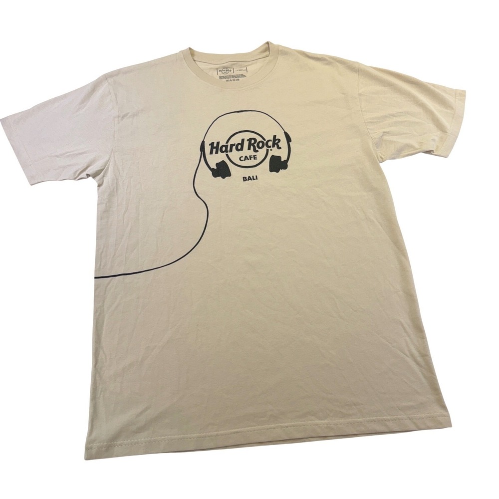 Hard Rock Cafe Bali Graphic T-Shirt Mens Large Tan Beige Headphones Cotton Tee